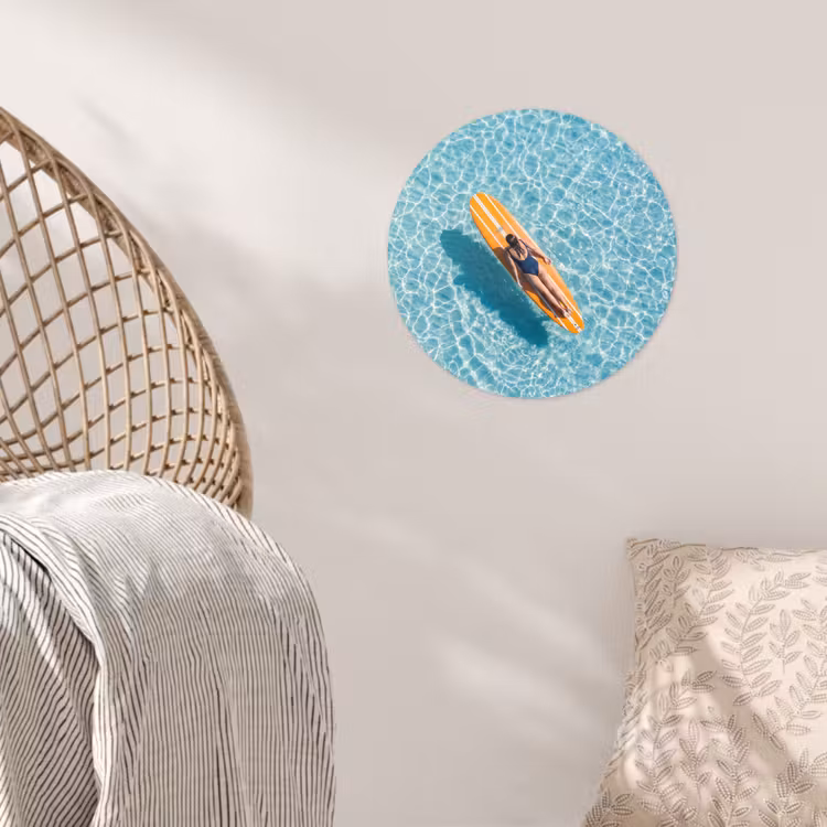 Surfboard - Water - Badpak - Oranje Wandcirkel behangsticker klein -sfeer4