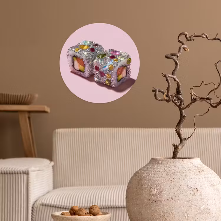 Sushi - Rolletjes - Steentjes - Kleurrijk Wandcirkel behangsticker klein -sfeer1