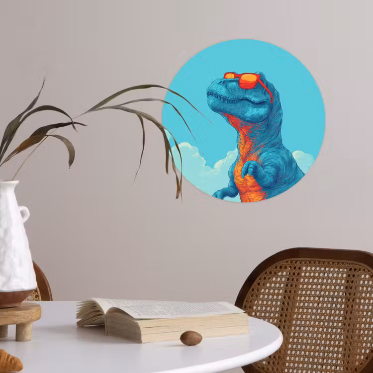 T-Rex - Blauw - Wolken - Zonnebril Wandcirkel behangsticker klein -sfeer3