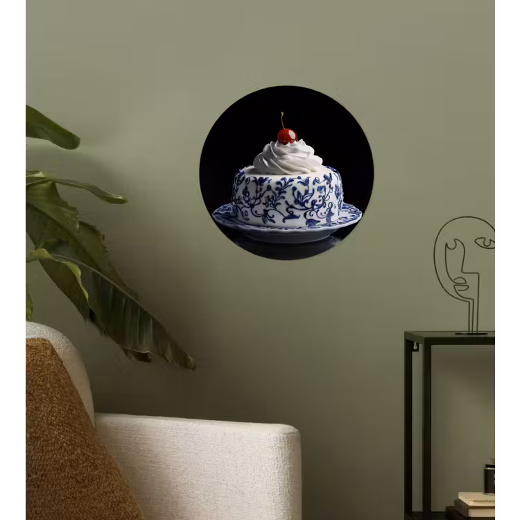 Taart - Slagroom - Kers - Bord - Delfts blauw Wandcirkel behangsticker klein -sfeer2