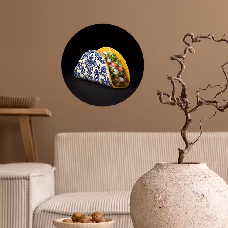 Taco - Vlees - Salade - Delftsblauw - Motief Wandcirkel behangsticker klein -sfeer1