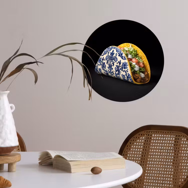 Taco - Vlees - Salade - Delftsblauw - Motief Wandcirkel behangsticker klein -sfeer3