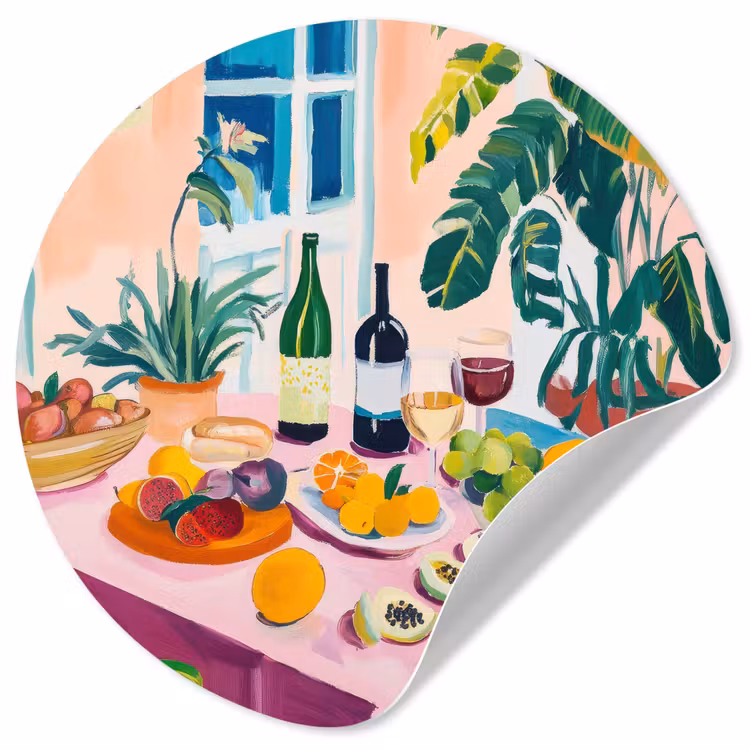 Tafel - Wijn - Fruit Wandcirkel behangsticker klein -3d