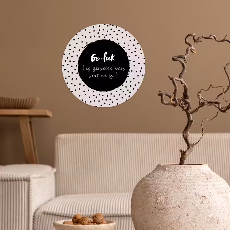 Tekst - Geluk definitie - Quotes - Geluk (is genieten van wat er is) - Woordenboek Wandcirkel behangsticker klein -sfeer1