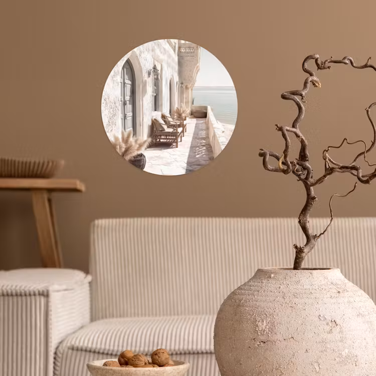Terras - Stoelen - Strand - Beige Wandcirkel behangsticker klein -sfeer1