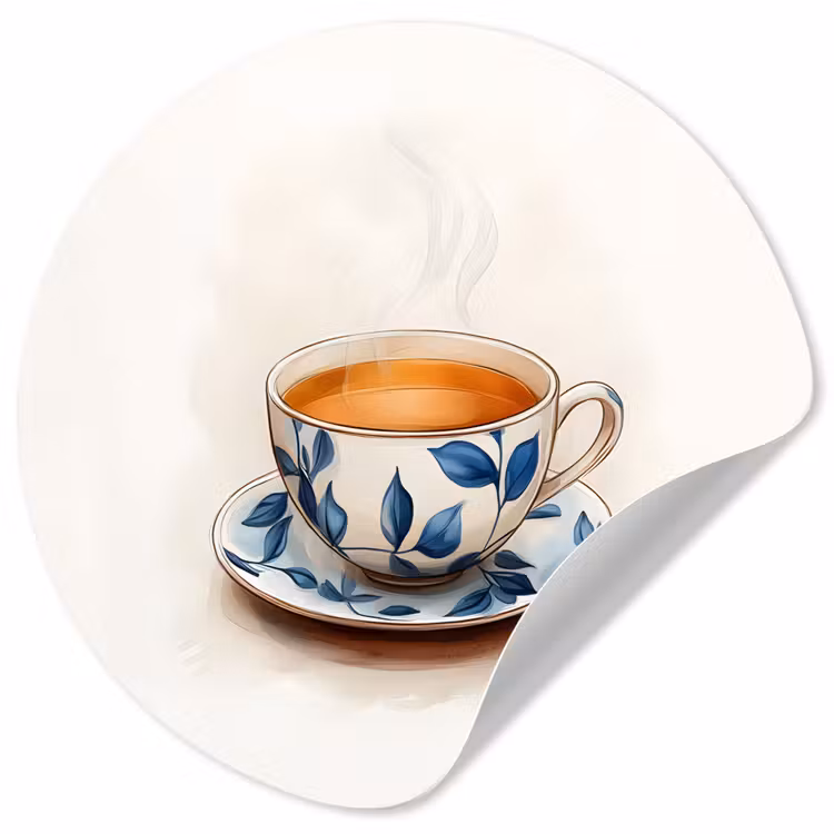 Theekop - Bladeren - Blauw Wandcirkel behangsticker klein -3d