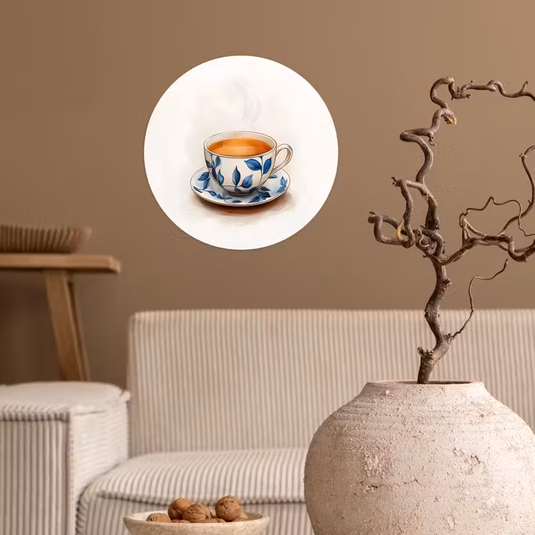 Theekop - Bladeren - Blauw Wandcirkel behangsticker klein -sfeer1