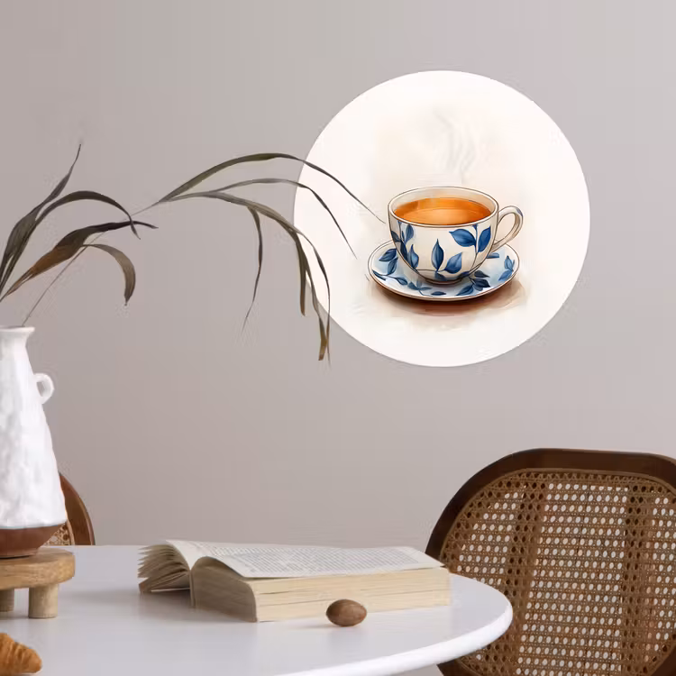 Theekop - Bladeren - Blauw Wandcirkel behangsticker klein -sfeer3