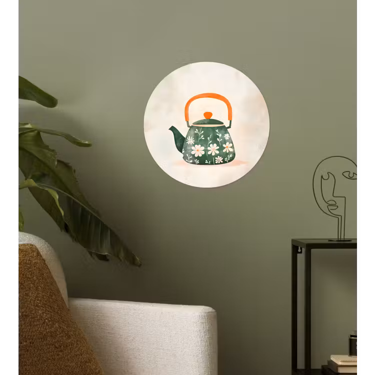 Theepot - Groen - Bloemen - Oranje Wandcirkel behangsticker klein -sfeer2