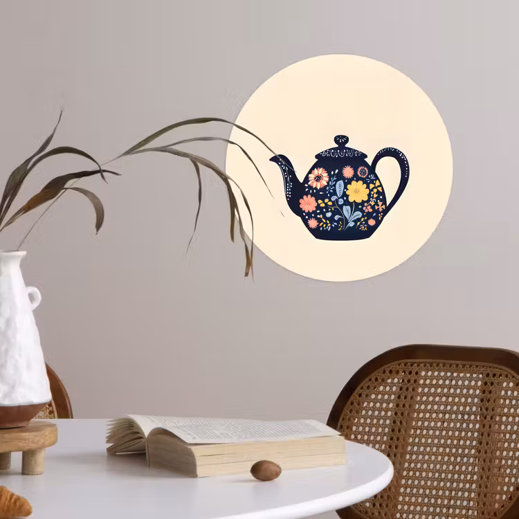 Theepot - Kleurrijk - Bloemen Wandcirkel behangsticker klein -sfeer3