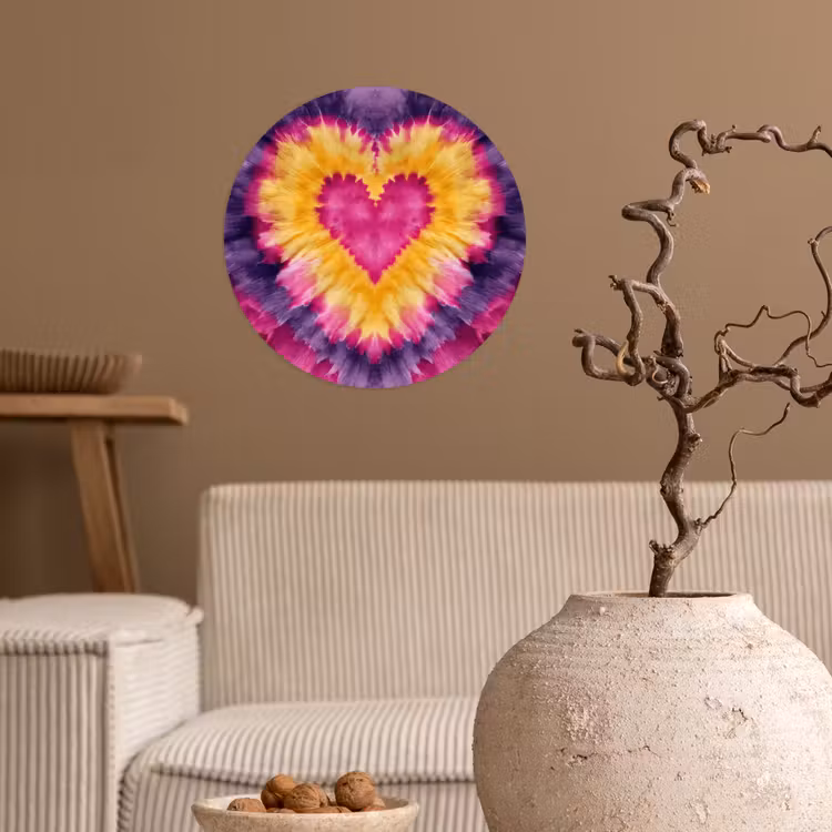 Tie dye - Hartvorm - Vlammen - Oranje Wandcirkel behangsticker klein -sfeer1
