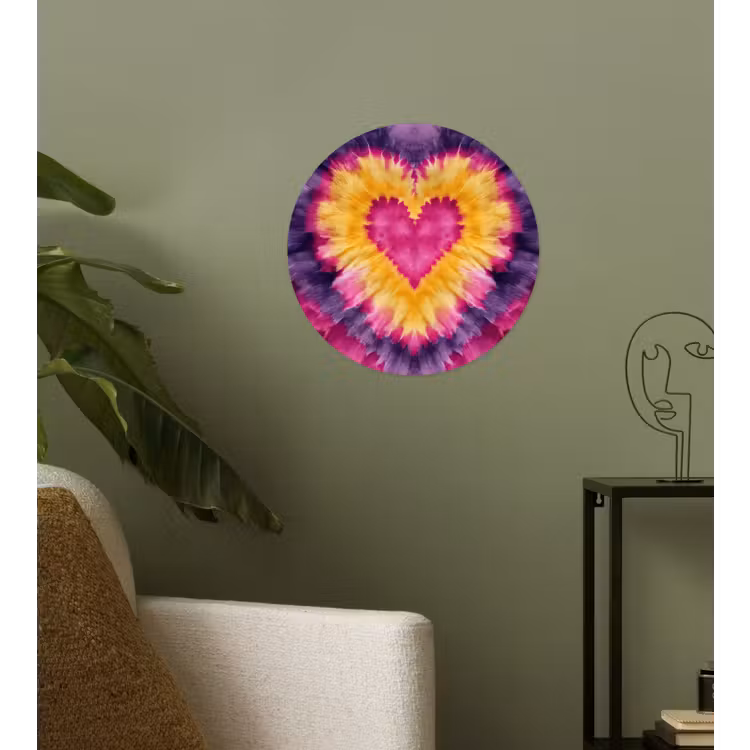 Tie dye - Hartvorm - Vlammen - Oranje Wandcirkel behangsticker klein -sfeer2