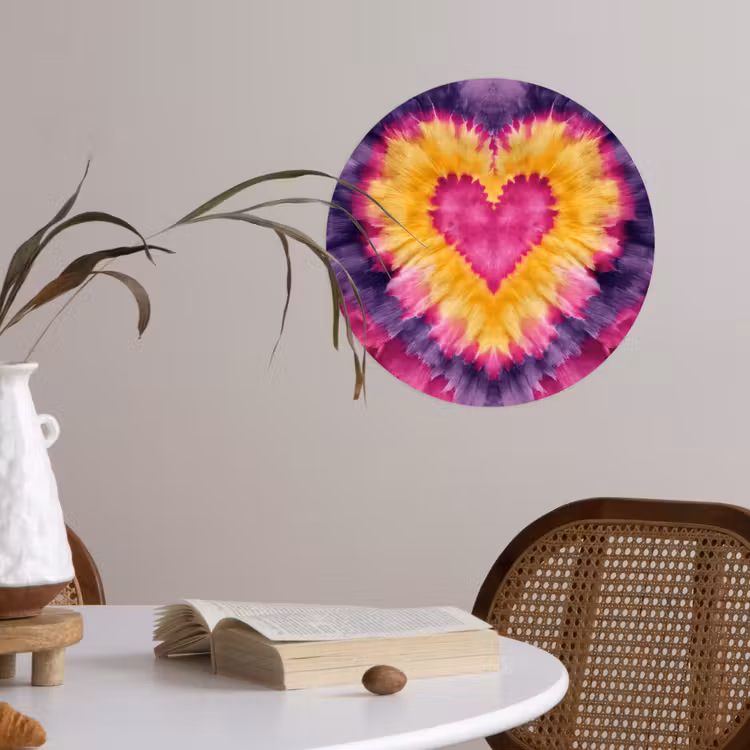 Tie dye - Hartvorm - Vlammen - Oranje Wandcirkel behangsticker klein -sfeer3