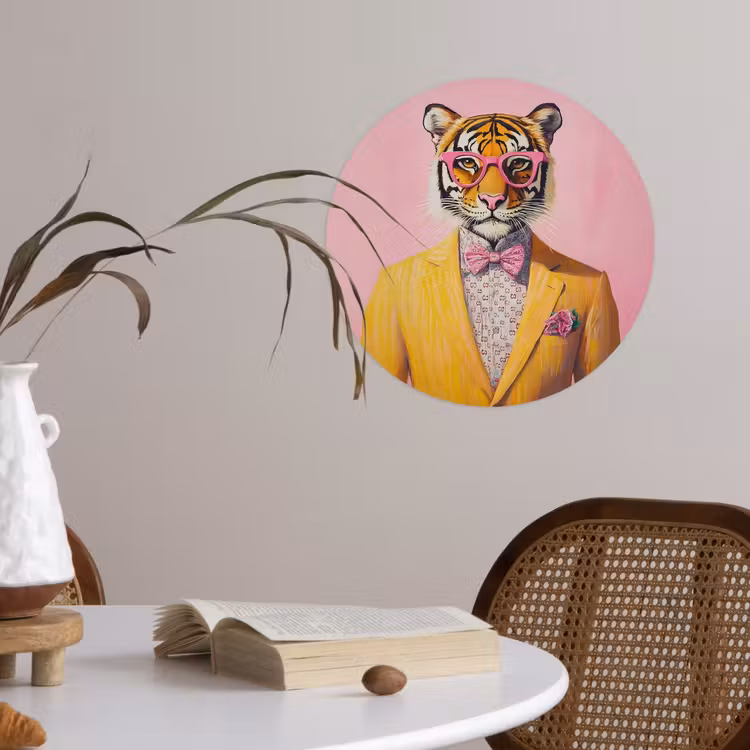 Tijger - Bril - Geel - Jasje Wandcirkel behangsticker klein -sfeer3