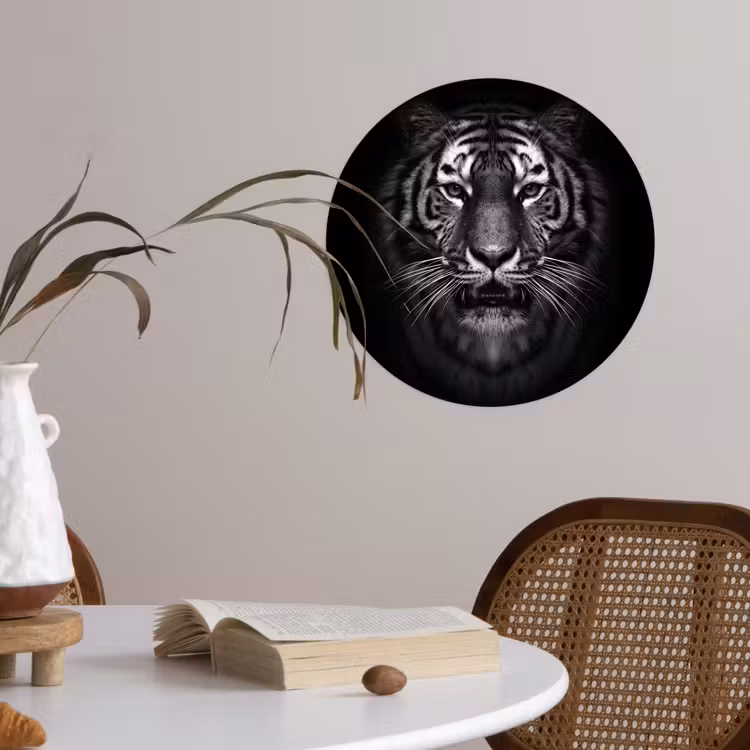 Tijger - Dieren - Zwart - Wit - Portret - Wild Wandcirkel behangsticker klein -sfeer3