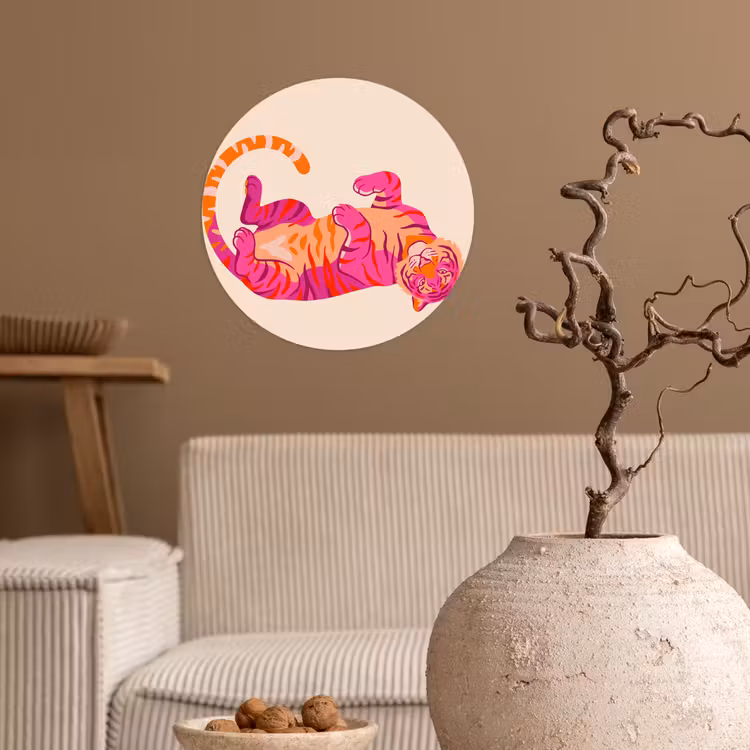 Tijger - Roze - Oranje Wandcirkel behangsticker klein -sfeer1