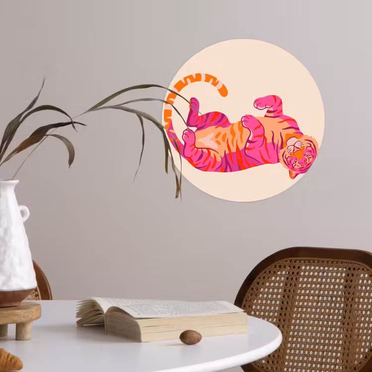 Tijger - Roze - Oranje Wandcirkel behangsticker klein -sfeer3