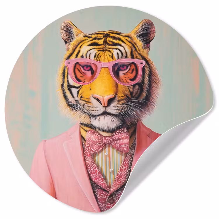 Tijger - Strik - Jasje - Roze Wandcirkel behangsticker klein -3d
