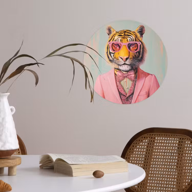 Tijger - Strik - Jasje - Roze Wandcirkel behangsticker klein -sfeer3
