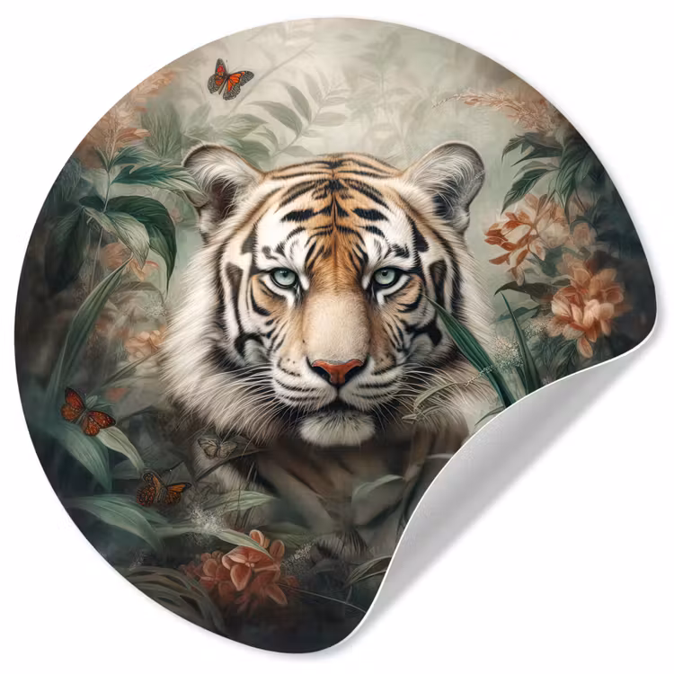 Tijger - Vlinders - Dieren - Jungle - Bloemen Wandcirkel behangsticker klein -3d