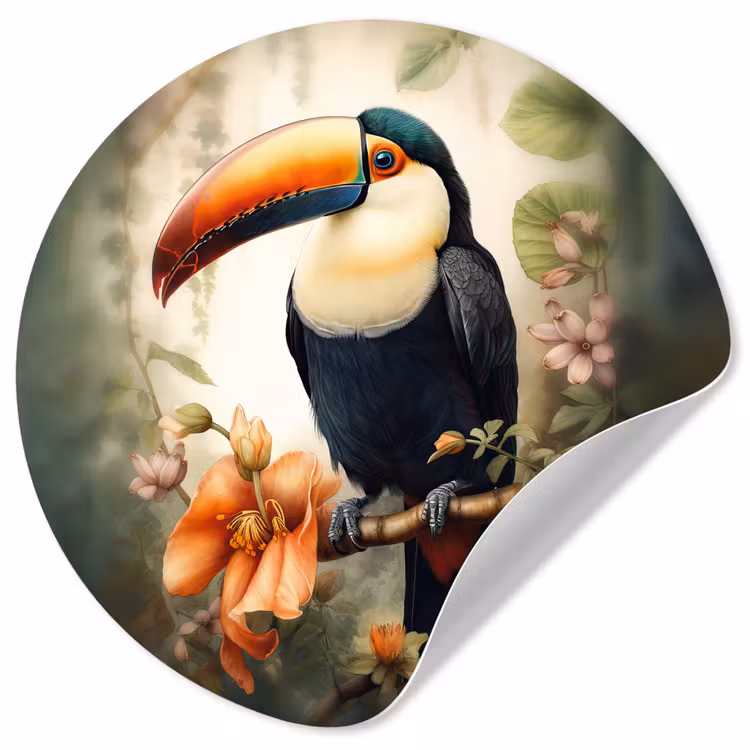 Toekan - Vogel - Bloemen - Planten Wandcirkel behangsticker klein -3d