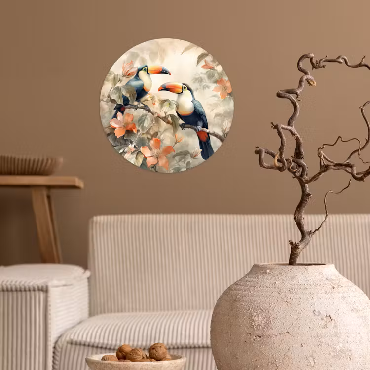 Toekan - Vogels - Bloemen - Tak Wandcirkel behangsticker klein -sfeer1