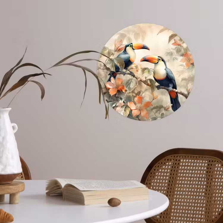 Toekan - Vogels - Bloemen - Tak Wandcirkel behangsticker klein -sfeer3