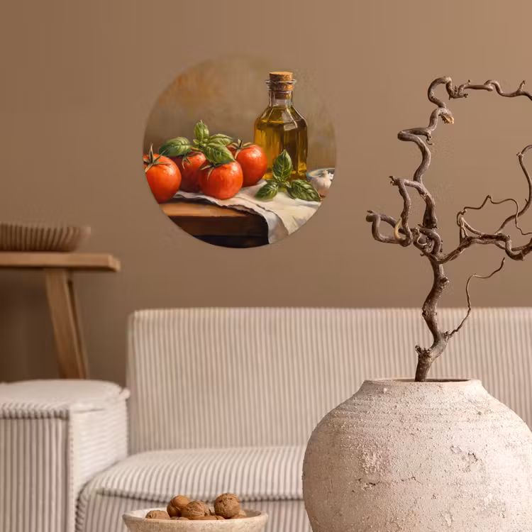 Tomaten - Olijfolie - Stilleven Wandcirkel behangsticker klein -sfeer1