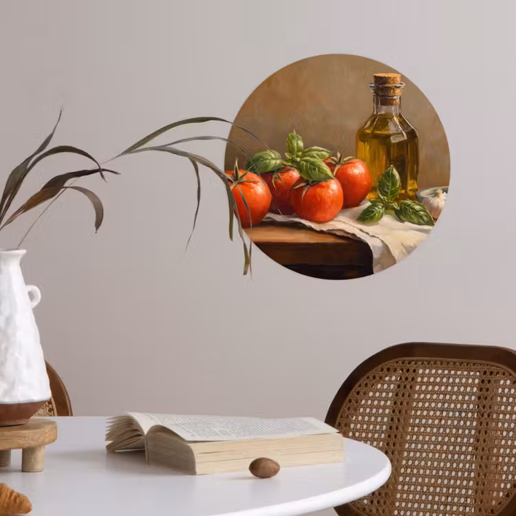 Tomaten - Olijfolie - Stilleven Wandcirkel behangsticker klein -sfeer3