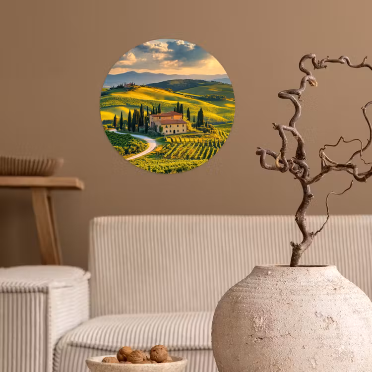 Toscane - Landschap - Wijngaarden Wandcirkel behangsticker klein -sfeer1