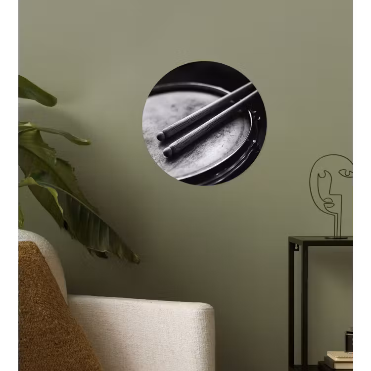 Trommel - Close-up - Drumstokken - Zwart Wandcirkel behangsticker klein -sfeer2