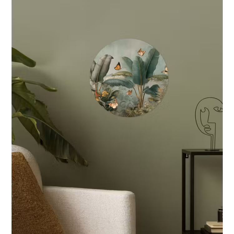 Tropisch bladerdek - Vlinders - groen - Bruin Wandcirkel behangsticker klein -sfeer2