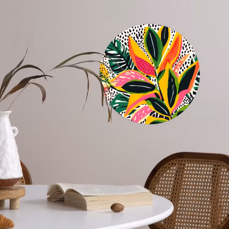 Tropisch - Bladeren - Zwart - wit Wandcirkel behangsticker klein -sfeer3