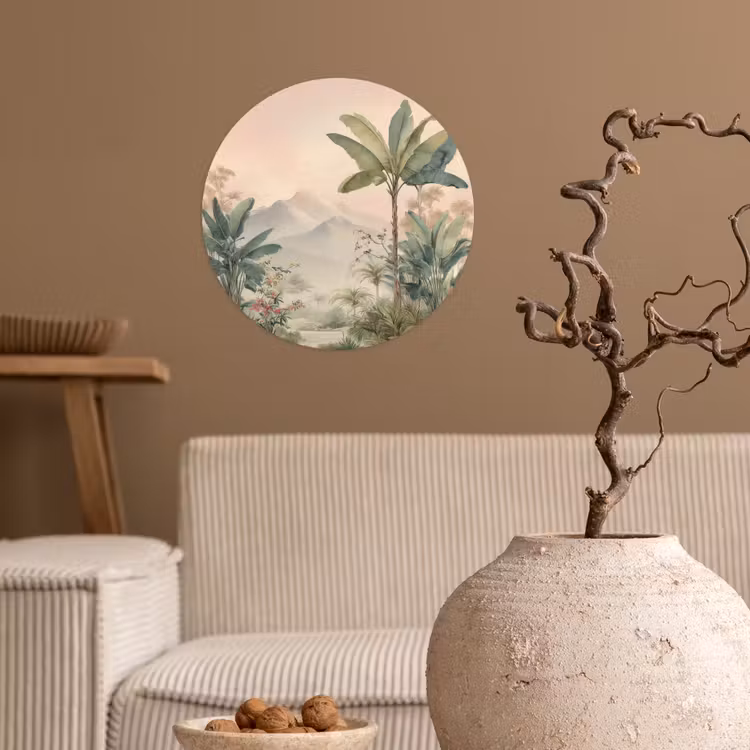 Tropisch landschap - palmbomen - Bloemen - Roze lucht Wandcirkel behangsticker klein -sfeer1