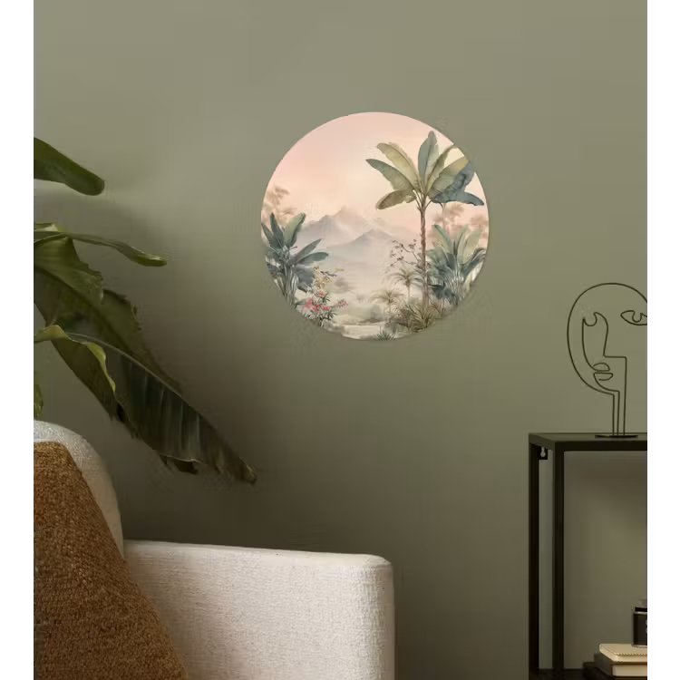 Tropisch landschap - palmbomen - Bloemen - Roze lucht Wandcirkel behangsticker klein -sfeer2