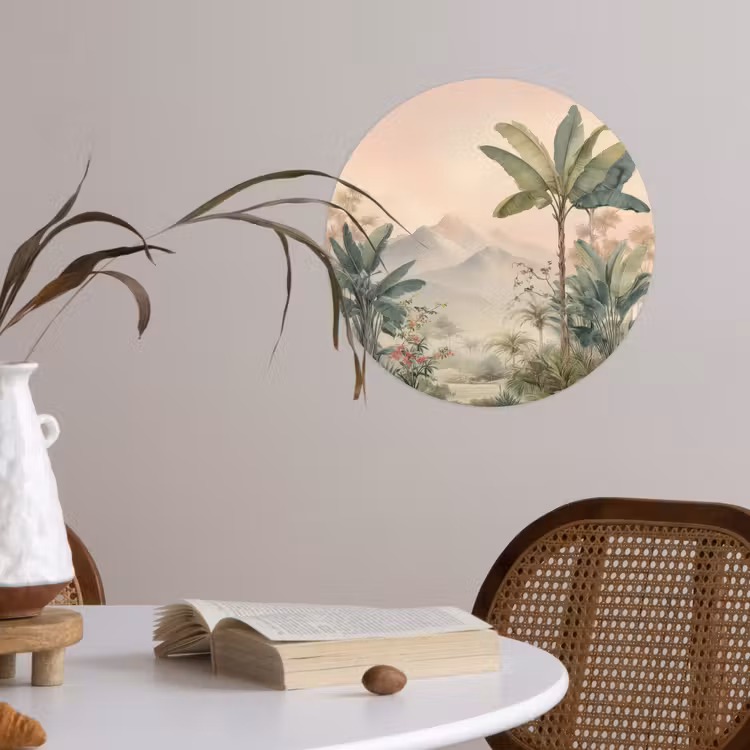 Tropisch landschap - palmbomen - Bloemen - Roze lucht Wandcirkel behangsticker klein -sfeer3