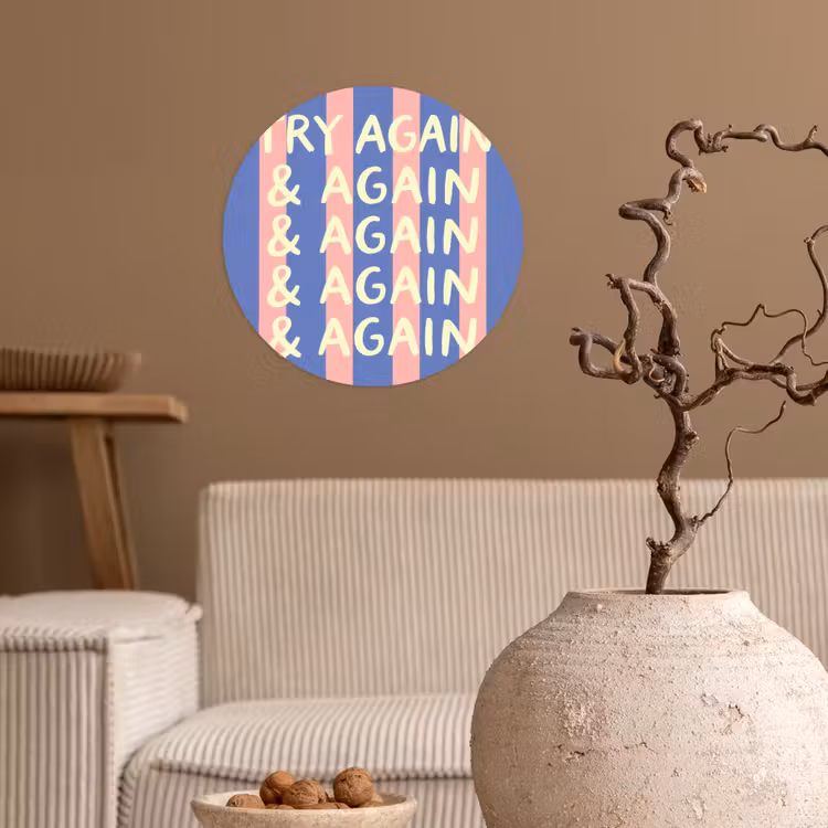 Try again - Strepen - Roze - Verticaal - Blauw Wandcirkel behangsticker klein -sfeer1
