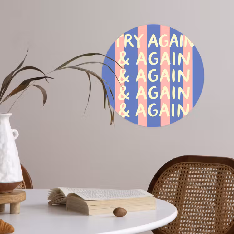 Try again - Strepen - Roze - Verticaal - Blauw Wandcirkel behangsticker klein -sfeer3