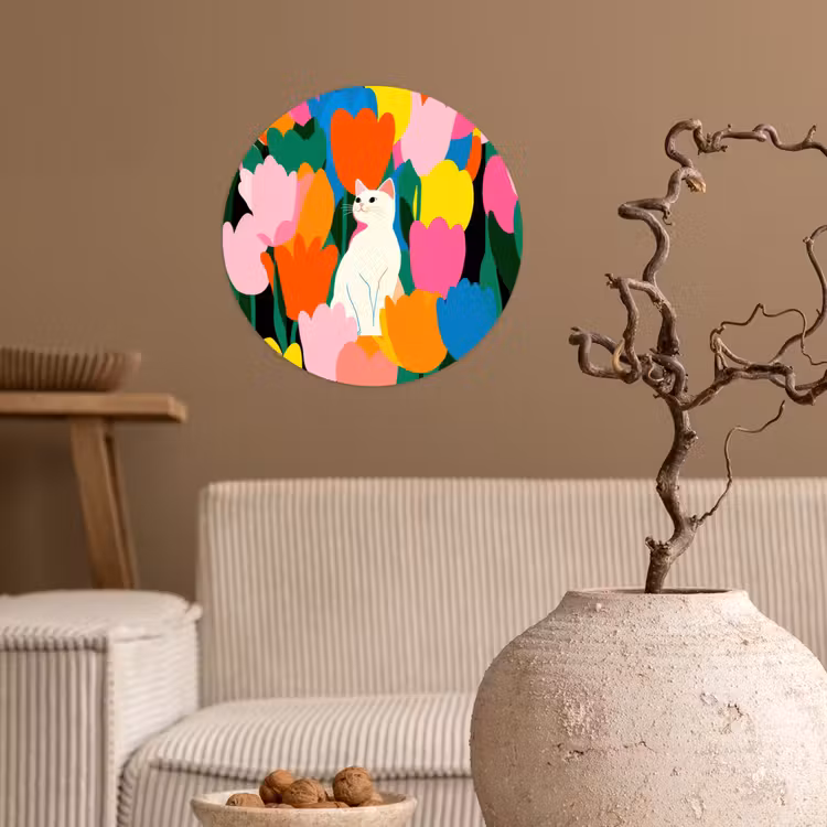 Tulpen - Kat - Kleurrijk Wandcirkel behangsticker klein -sfeer1
