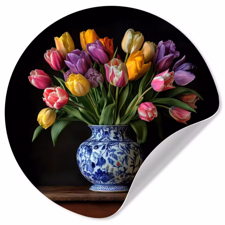 Tulpen - Kleuren - Hout - Vaas Wandcirkel behangsticker klein -3d