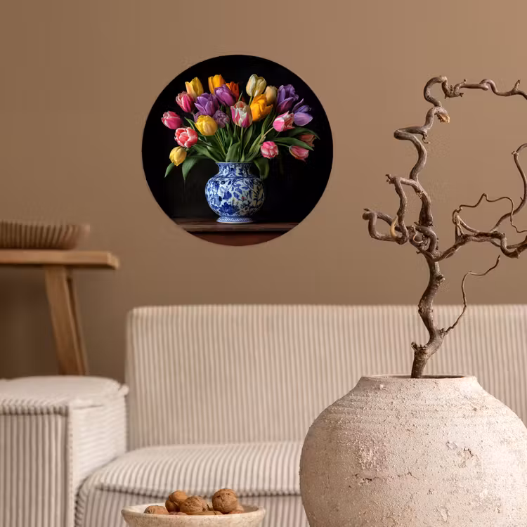 Tulpen - Kleuren - Hout - Vaas Wandcirkel behangsticker klein -sfeer1