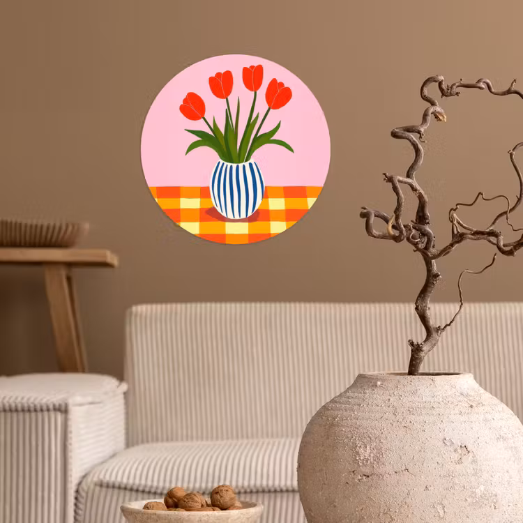 Tulpen - Roze - Vaas Wandcirkel behangsticker klein -sfeer1