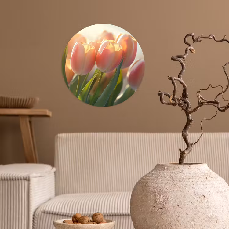 Tulpen - Roze - Zonnestralen Wandcirkel behangsticker klein -sfeer1