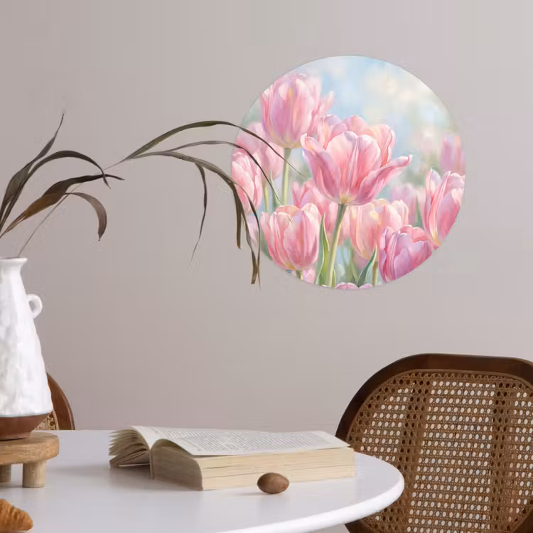 Tulpen - Veld - Lente - Roze Wandcirkel behangsticker klein -sfeer3