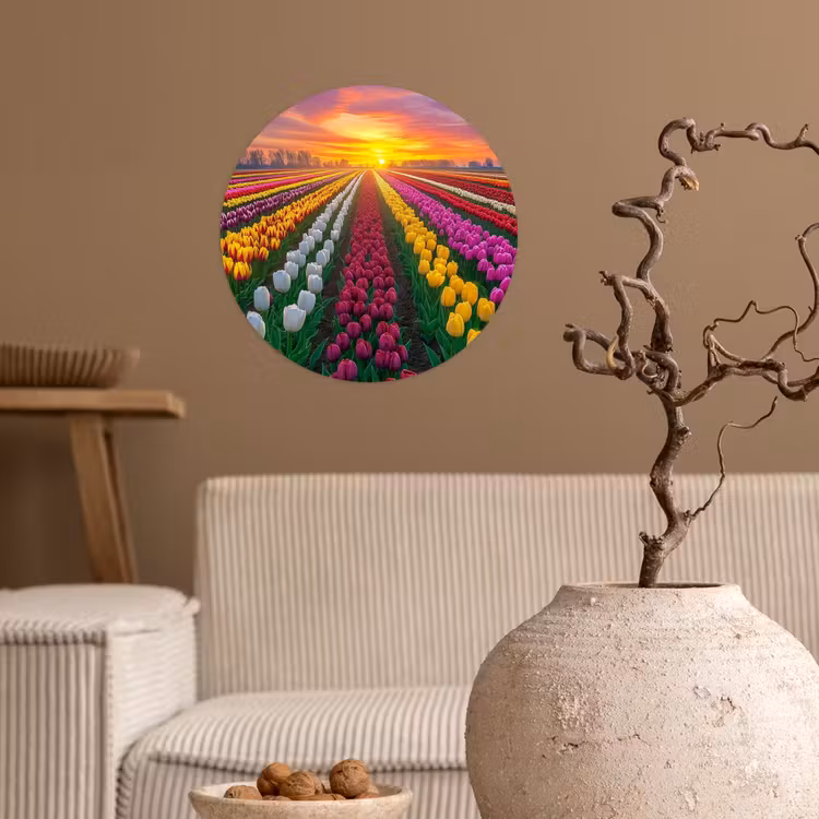 Tulpenveld - Zonsondergang - Kleurrijk Wandcirkel behangsticker klein -sfeer1