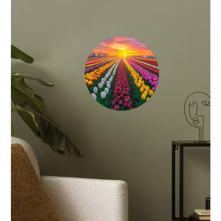 Tulpenveld - Zonsondergang - Kleurrijk Wandcirkel behangsticker klein -sfeer2