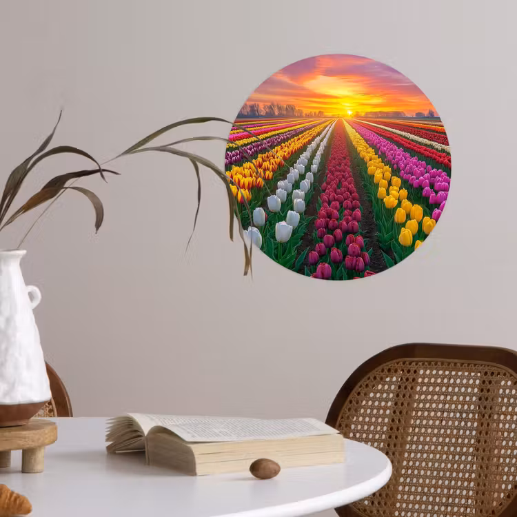 Tulpenveld - Zonsondergang - Kleurrijk Wandcirkel behangsticker klein -sfeer3