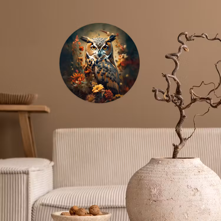 Uil - Vogel - Bloemen - Planten - Botanisch Wandcirkel behangsticker klein -sfeer1