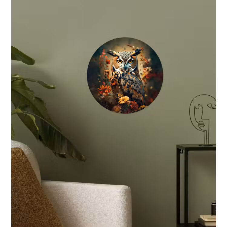 Uil - Vogel - Bloemen - Planten - Botanisch Wandcirkel behangsticker klein -sfeer2