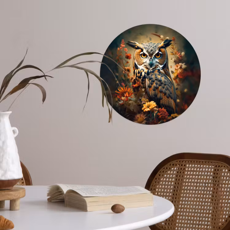 Uil - Vogel - Bloemen - Planten - Botanisch Wandcirkel behangsticker klein -sfeer3